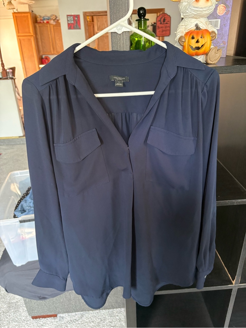 Ann Taylor Navy Long-Sleeve V-Neck Blouse